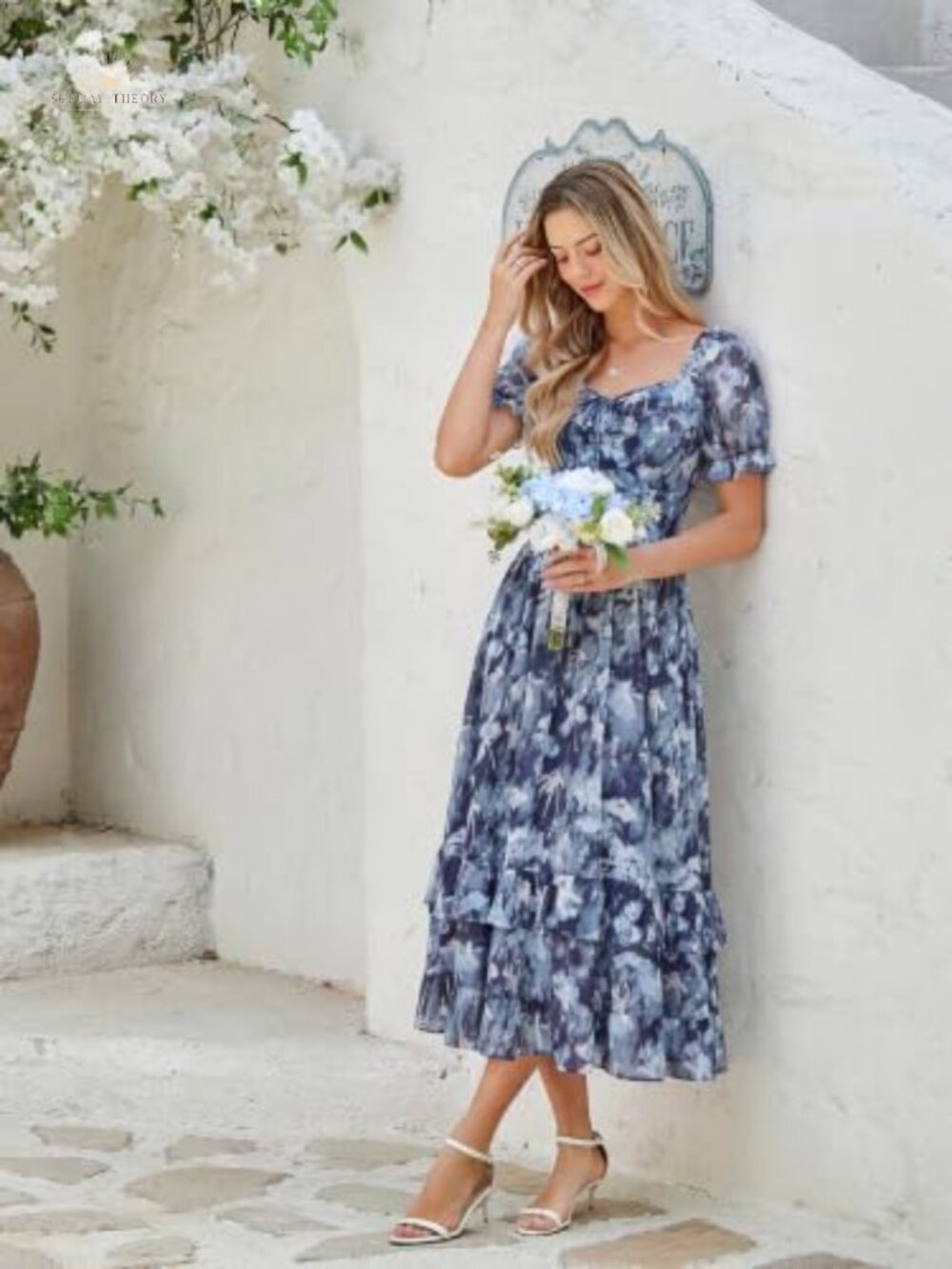 Floral Maxi Dress Puff Sleeve Corset Waist Sweetheart Neck - Picture 4 of 5